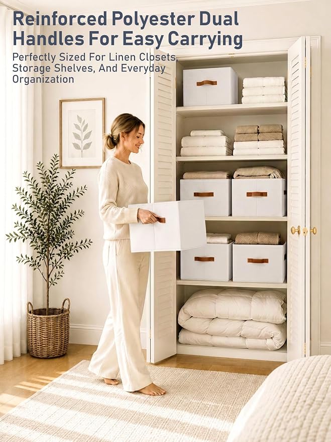 6 Pack Large Closet Storage Baskets Bins for Shelves, Collapsible Fabric Closet Organizers and Storage with Polyester Handles, Decorative Baskets for Organizing Clothes, Towels, Linen Closet 14"x10"