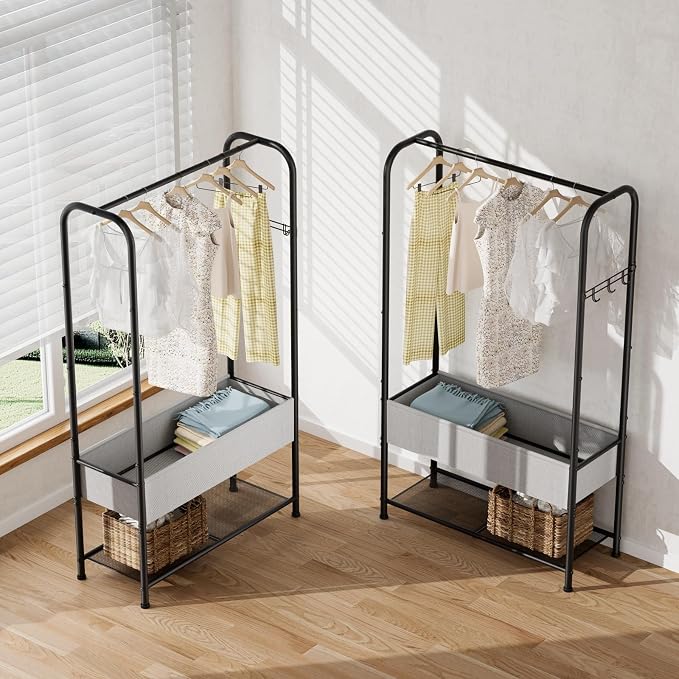 SINGAYE Wardrobe Standing Closet Clothing Rack With Shelf Hanging Clothes | Wardrobe Open Compact Small Metal Garment Hanger Stand Alone Free Standing Black Closet Rack Storage Organizer Heavy Duty
