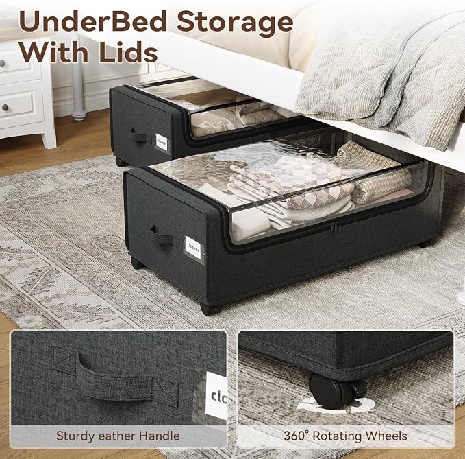 Under Bed Storage, Tall Size Under Bed Storage With Wheels, Under bed Shoe Storage, Metal Frame, 90L Capacity, Storage Drawers for Bedroom