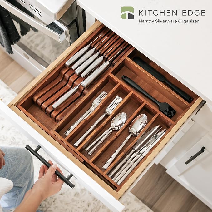 KitchenEdge Silverware & Utensil Drawer Organizer, 10.5-19 in, Acacia | Cutlery, flatware, food-safe contract grade, kitchen drawer fit