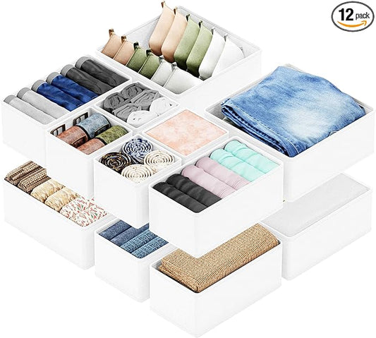 SpaceAid Drawer Organizer Clothes, 12 Pack Dresser Organizer Bins for Nursery, Closet Organization and Storage Dividers for Clothing, Baby Clothes, Underwears, Socks (White)