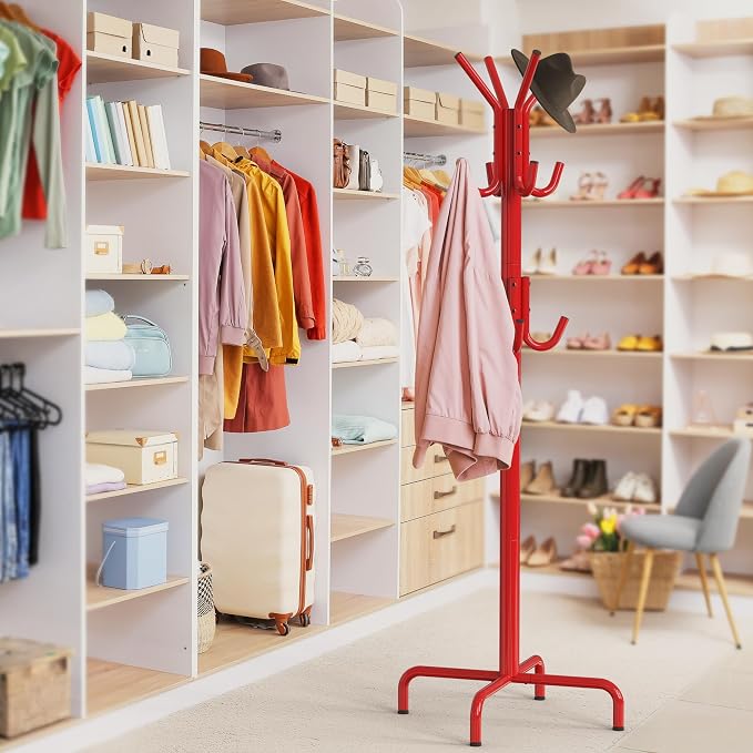 Simple Houseware Standing Coat/Hat Hanger Organizer Rack, 12 Hooks, Red | For Entryway, Bedroom, and Hallway