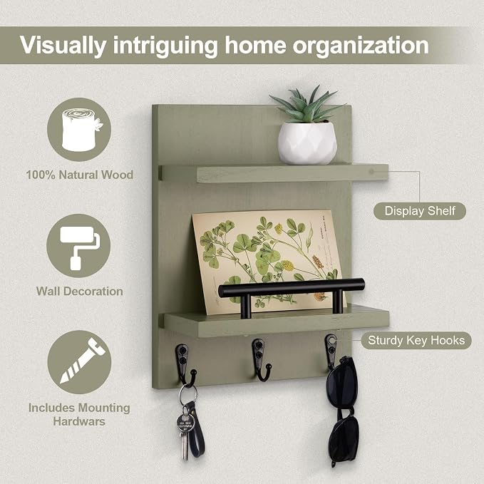 Key Holder Wall Mount, Mail Shelf Decor with 3 Key Hooks, Versatile Wood Wall Organizer for Entryway Hallway (8.2” x 10.6”x 3.6”) (Sage Green)