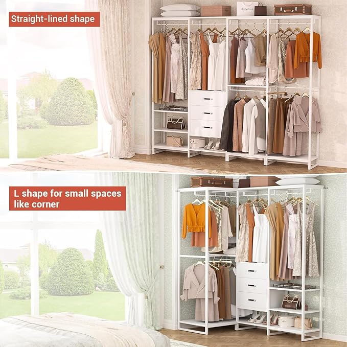 Freestanding Closet Organizer System with 3 Drawers, 6FT Heavy Duty Clothing Rack with Shelves and 6 Hanging Rods, Large Corner L Shaped Garment Rack, White