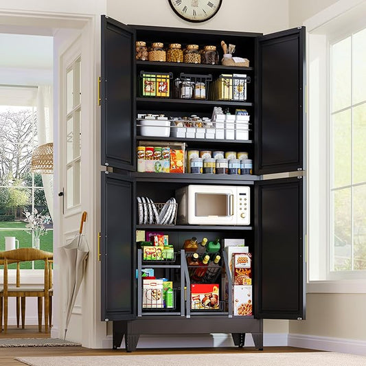 GAIOUS 75.2" Tall Metal Pantry Cabinet, Storage Cabinets with 4 Door and 4 Adjustable Shelves, Black Kitchen Pantry Storage Cabinet, Freestanding Cupboard for Kitchen Dining Room Living Room Bathroom