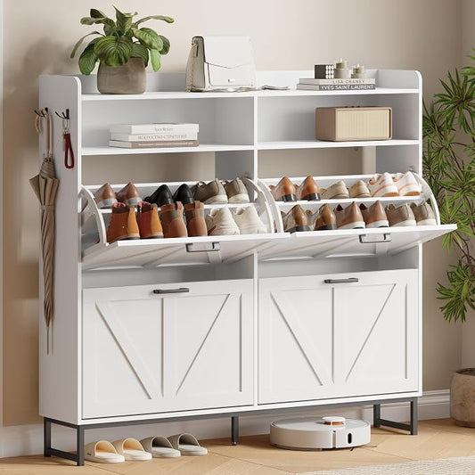 Shoe Cabinet with 4 Flip Drawers, Freestanding Hidden Shoe Storage Organizer for Entryway, Narrow Slim Shoe Rack Cabinet with Open Storage & Hooks for Front Door Entrance, Living Room, Hallway, White
