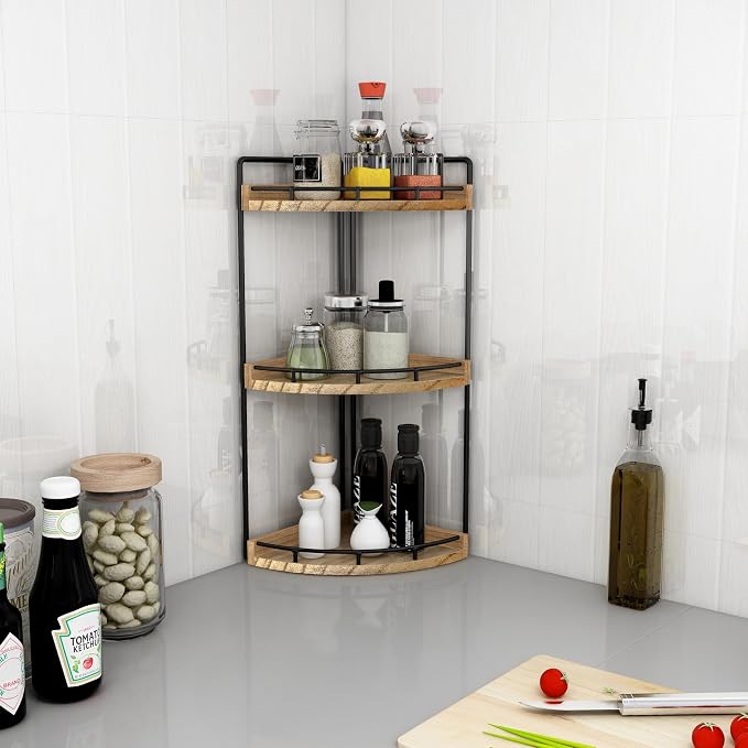 Dorhors Corner Bathroom Organizer Countertop,Vanity Counter Storage Shelf | 3 Tier Rustic Brown Stand Rack Holder for Kitchen,Dresser,Restroom,Wood Bathroom Sink Tray for Makeup,Perfume,Skincare,Lotion