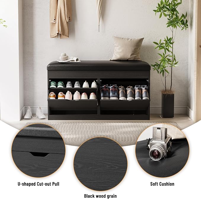 40" Shoe Storage Bench with Flip Drawers Padded Seat Cushion, Shoe Cabinet with Lift Top Storage Box, Shoe Bench Shoe Organizer for Entryway, Hallway, Living Room, Black