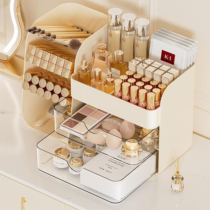 Makeup Organizer with Drawers, Large Capacity Countertop Organizer for Vanity, Bathroom and Bedroom Desk Cosmetics Organizer, Easy To Storage Skincare,Brushes, Eyeshadow,Lipstick (All Cream)