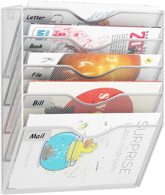 5 Pockets Hanging Wall File Organizer Mail Holder, Wall Mounted Paper Document Folder Holder, Clipboard Storage Organization Magazine Rack, Silver