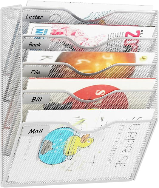 5 Pockets Hanging Wall File Organizer Mail Holder, Wall Mounted Paper Document Folder Holder, Clipboard Storage Organization Magazine Rack, Silver