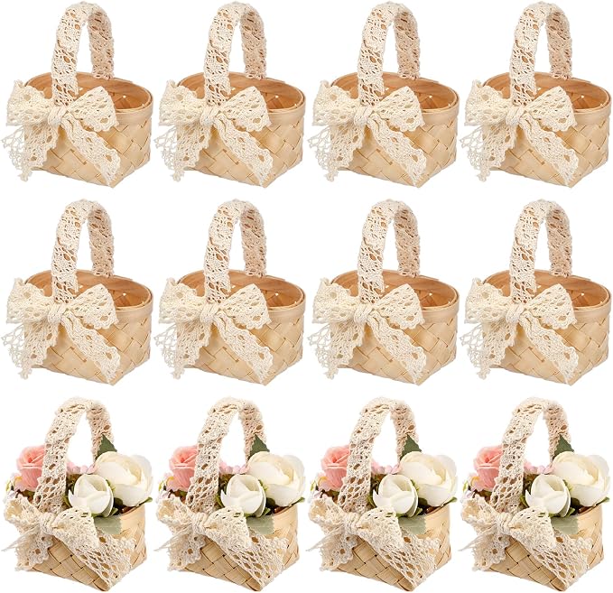 12 Pcs Mini Flower Girl Basket Mini Woven Baskets with Handles Wood Chip Flower Fruit Picnic Holder with White Lace Ribbon Chip Bucket for Wedding Party Gifts Baby Shower Birthday Decoration