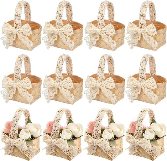 12 Pcs Mini Flower Girl Basket Mini Woven Baskets with Handles Wood Chip Flower Fruit Picnic Holder with White Lace Ribbon Chip Bucket for Wedding Party Gifts Baby Shower Birthday Decoration