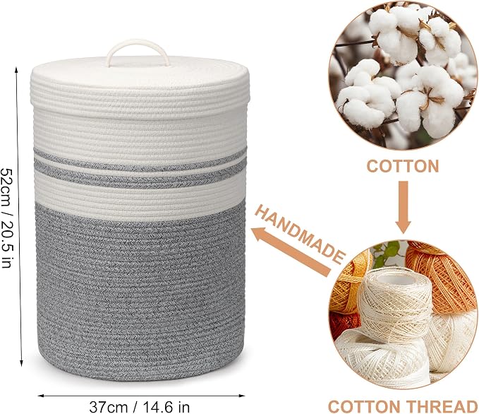 Woven Laundry Basket with Handles, XXL Versatile Clothes Hamper, Blanket and Large Toy Storage Basket for Living Room, Bedroom, Bathroom (Grey, 55L)