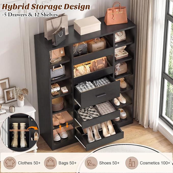 Besiost Shoe Cabinet with 12 Shelves & 5 Drawers, Wood Shoe Rack with Light | Holds Up to 30+ Pairs of Shoes, Vertical 40" W Shoe Storage Cabinet for Entryway, Hallway, Walk-In Closets, Black