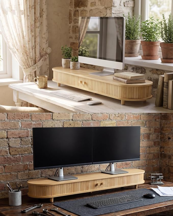 Bamboo Dual Monitor Stand with Storage, 42 Inch Desk Shelf Riser | Curved Double Computer Laptop Stand Desk Shelf Organizer with Sliding Doors for 55-72 Inch Desk