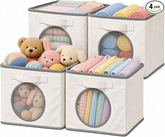 Fabric Storage Cubes with Mesh Window, 11'' Cube Storage Bin, Ivory, 4 Pack | See through Round window, Foldable Odor-Free & Sturdy PP Structure, Cubby Baskets for Closet, Shelves, Bedroom and Offices