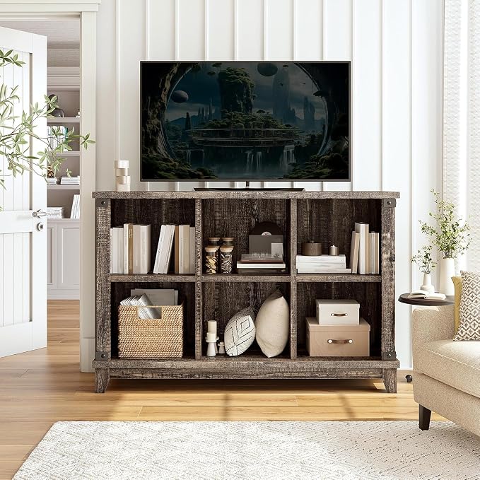 EnHomee Farmhouse 6-Cube Storage Organizer for Living Room, Black Oak | Home Organization Lovers, Wood & Metal, Holds 286 Lbs, Anti-Tip & Stabilizers