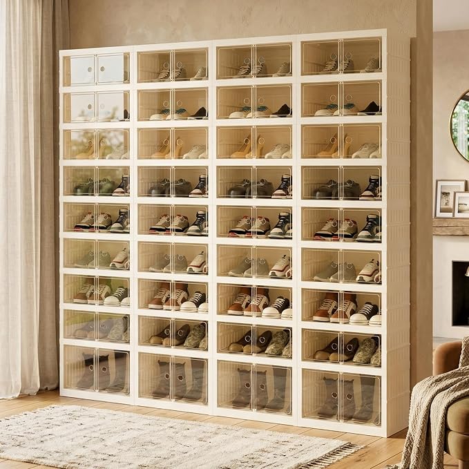 Foldable Shoe Organizer Storage Box Set of 4, Portable Extra Large Folding Shoe Rack for Closet, Shoe Storage Box with Magnetic Transparent Door and Wheels, 9 Layers 18 Grids with 2 Big Grids