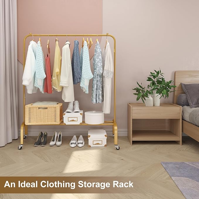 Metal Clothing Rack with Wheels 43.3 Inches Rolling Clothes Garment Coat Rack with Bottom Shelf Clothing Rack for Hanging Clothes Coats Skirts Shirts Sweaters Gold