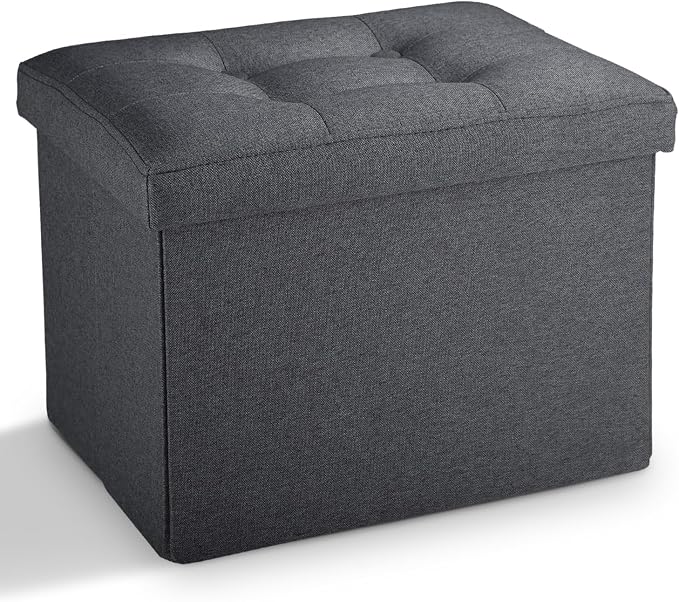 LINMAGCO Small Storage Ottoman Stool Foot Rest Stool Under Desk Stool Short Folding Ottoman Linen Cloth Dark Gray 17X13X13IN