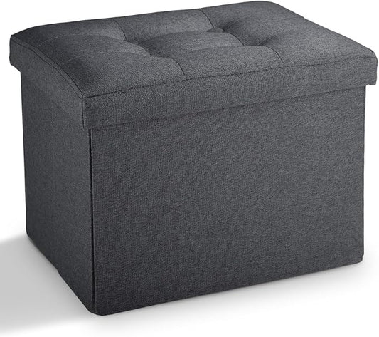 LINMAGCO Small Storage Ottoman Stool Foot Rest Stool Under Desk Stool Short Folding Ottoman Linen Cloth Dark Gray 17X13X13IN