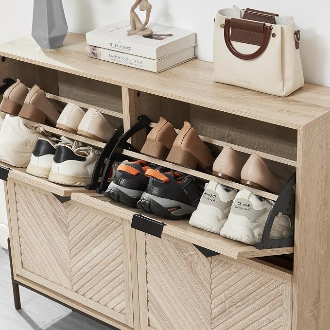 Shoe Cabinet with 4 Flip Drawers, Narrow Entryway Rack, Oak | Slanted Wood Grain, Freestanding, Adjustable Compartments, Removable Middle Shelf, Metal Handles, for Hallway Foyer Entrance