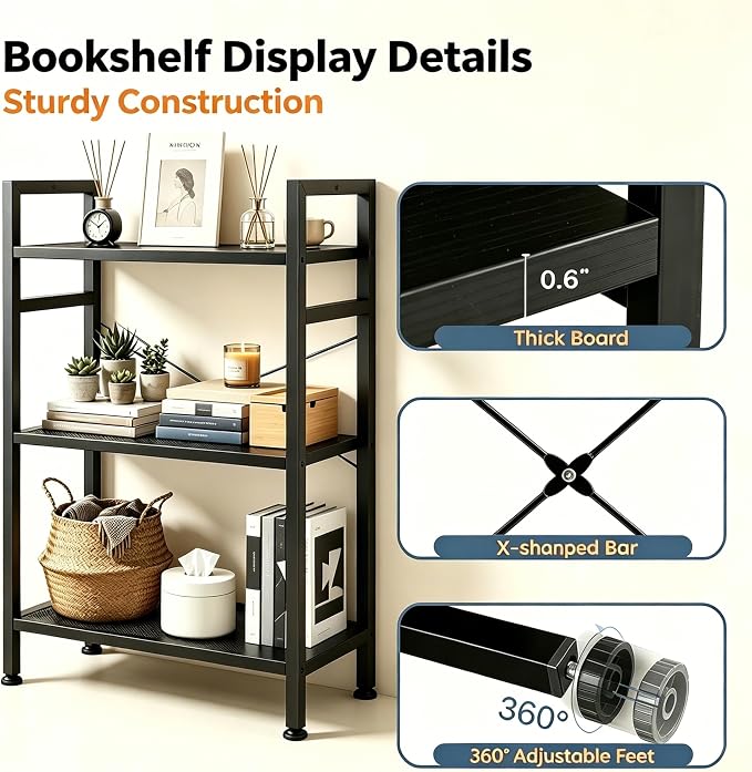 HealSmart 3 Tier Bookshelf, Free Standing Book Shelf Home Office Bookcase Shelf Storage Organizer for Bedroom, Bathroom, Living Room, Office, Balcony, Black