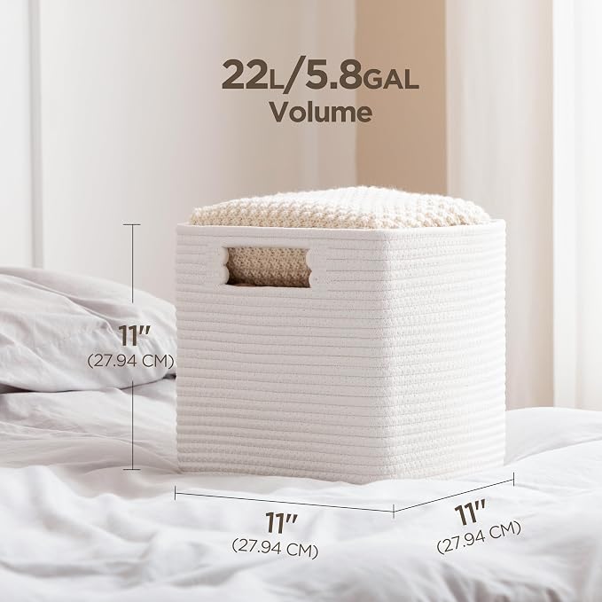 UBBCARE Set of 4 Cotton Rope Basket 13 X 13 X 13 Inches, Woven Storage Baskets for Shelves, Organizing with Handles, Cube Storage Bins for Storage Books, Magazines, White