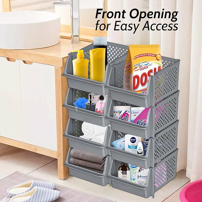 Skywin Stackable Storage Bins Open Front for Pantry Storage, 4 Pack - Grey | Sturdy Plastic, Easy Stacking, Open Front Access, Ventilated Sides, Vertical & Space Saving Pantry Organizers and Storage Bin