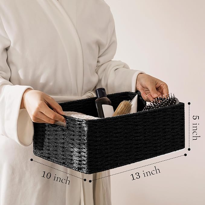 joybest Black Wicker Baskets for Shelves, Hand-woven Storage Baskets | 13L x 10W x 5H inch for Pantry, Kichen Organizing, Foldable Rectangular Bin with Handles, 2-pack
