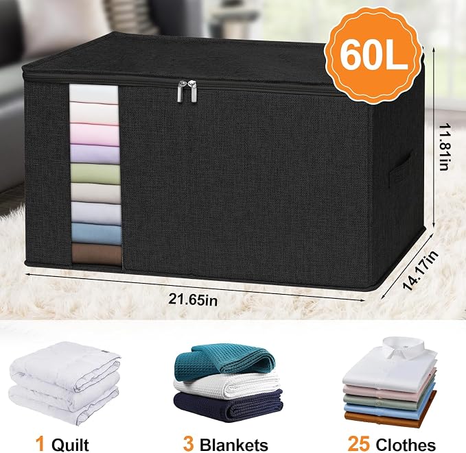 punemi 60L Blanket Storage Bags with Side & Bottom Support, 2 Pack, Black | Clear Window & Reinforced Handles, for Clothes,Pillow,Bedding & Comforter, Bedroom & Closet Organization
