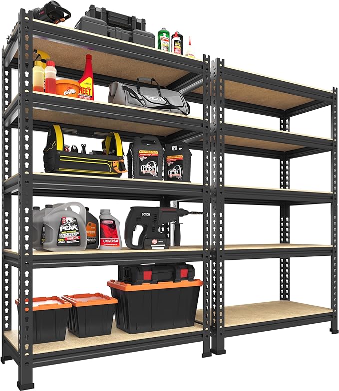 PrimeZone 5-Tier Garage Storage Shelves, Adjustable Metal Shelving, Black | Heavy-Duty Metal Frame & Connectors, FSC MDF Boards, Space-Saving Storage for Garage, Pantry, Closet, 28"W x 12"D x 59"H 2PCS