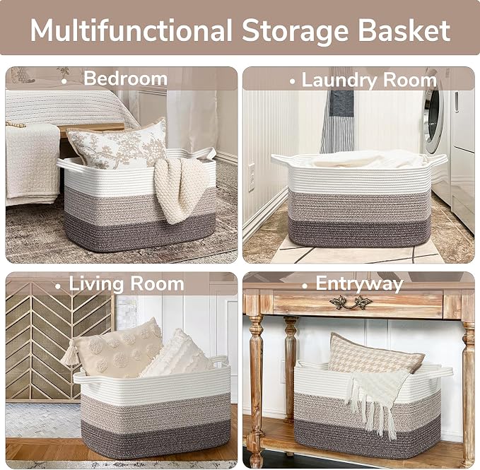 Goodpick Large Woven Blanket Basket, Rectangle Organizer, White Brown | 21.6 x 14.9 x 11.8 in, Reinforced Handles, Living Room, Bedroom & Nursery Organization, Blankets, Toys & Home Decor