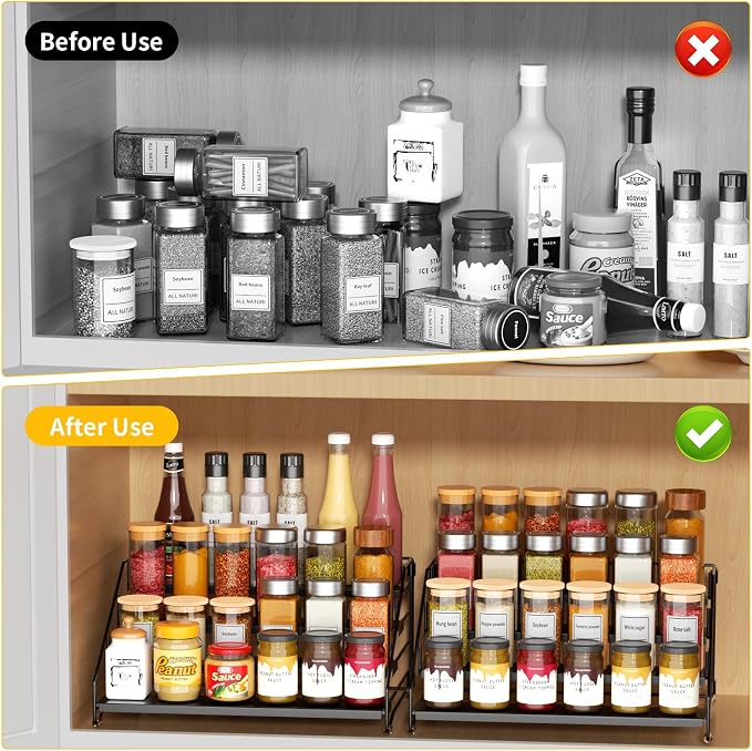 2 Pack Spice Rack Organizer for Cabinet, Depth Adjustable 4 Tier Spice Rack | Black, Metal Spice Organization for Cabinet, Easy Visibility, Tiered Spice Rack Perfect for Cabinet, Pantry and Countertop