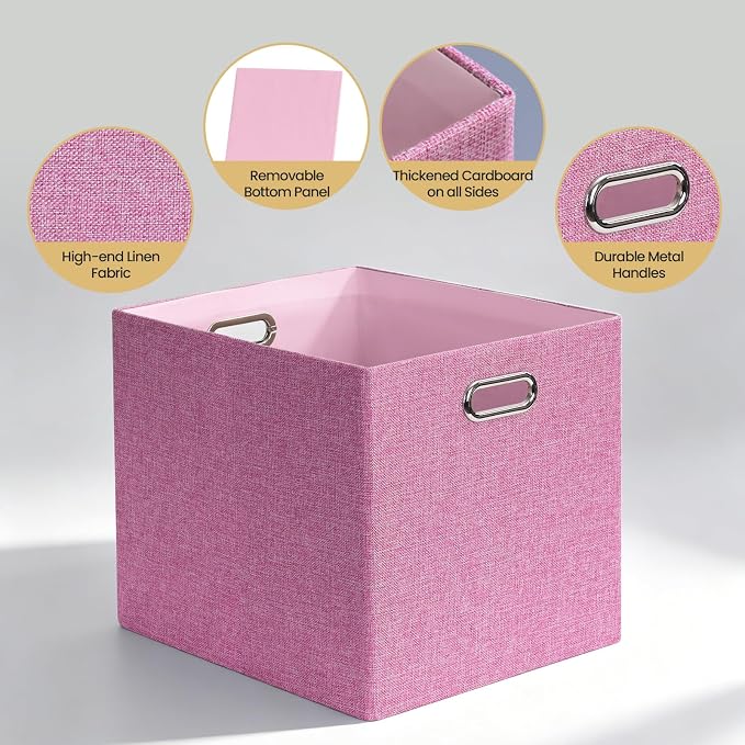 Posprica 3X Thicker Collapsible Storage Bins,13×15x13 Foldable Storage Cube Boxes Fabric Drawer for Closet Shelf Cabinet Bookcase, set of 4 (Pink)