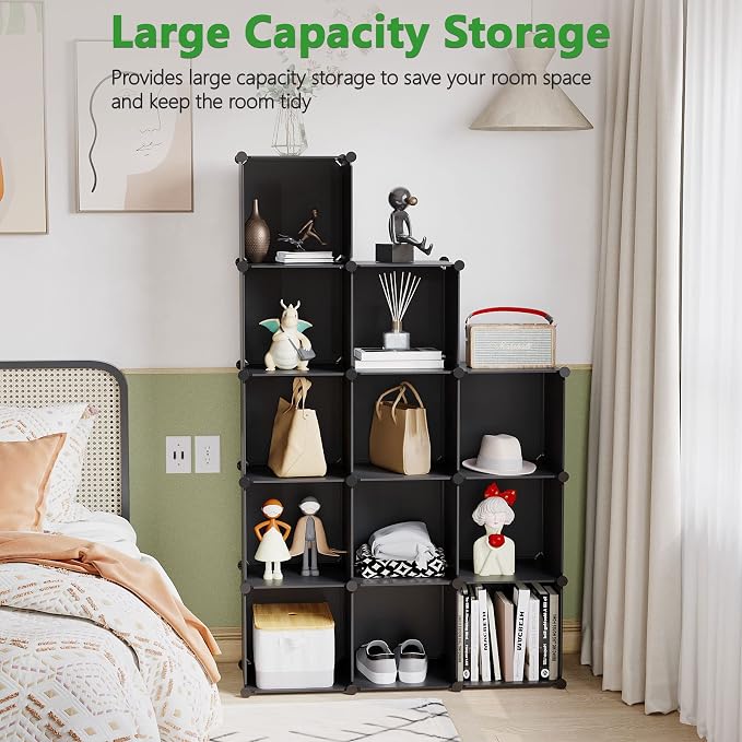 C&AHOME Cube Storage Organizer, 12-Cube Shelf Units, Closet Cabinet Black | DIY Plastic Modular Bookshelf, Stackable Clothes Organizer Shelving Ideal for Home, Bedroom, 36.6" L x 12.4" W x 48.4" H