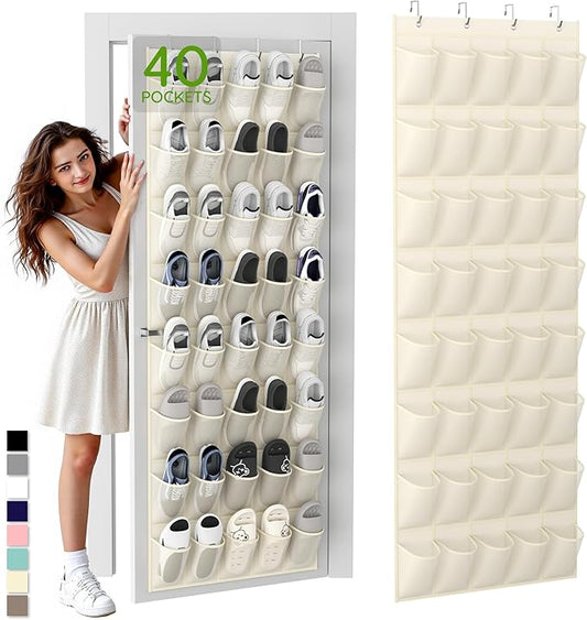 Over the Door Shoe Organizer with 40 Large Breathable Mesh Pockets, Space Saving Shoe Holder, Hanging Shoe Rack for Entryway Bedroom Closet Storage (Beige, 40 Pockets)