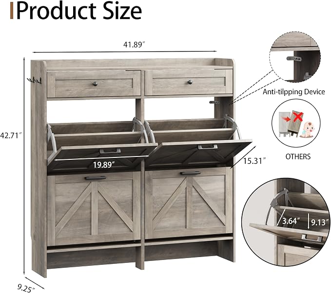 Shoe Cabinet with 4 Flip Drawers & 2 Top Drawers, 43" Tall Freestanding Narrow Wooden Shoe Storage Organizer for Entryway, Hidden Slim Shoe Rack for Front Door Entrance, Hallway, Living Room, Grey