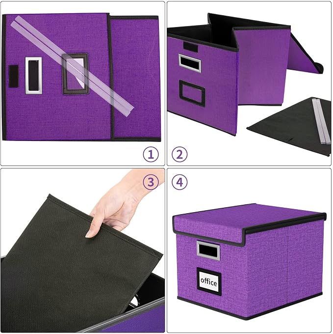 File Organizer Box with Lids, Collapsible File Folder Organizer | File Box with Plastic Slides for Office Document Storage, Filing Bin for Letter Size Hanging File Folders (1 Pack, Purple)