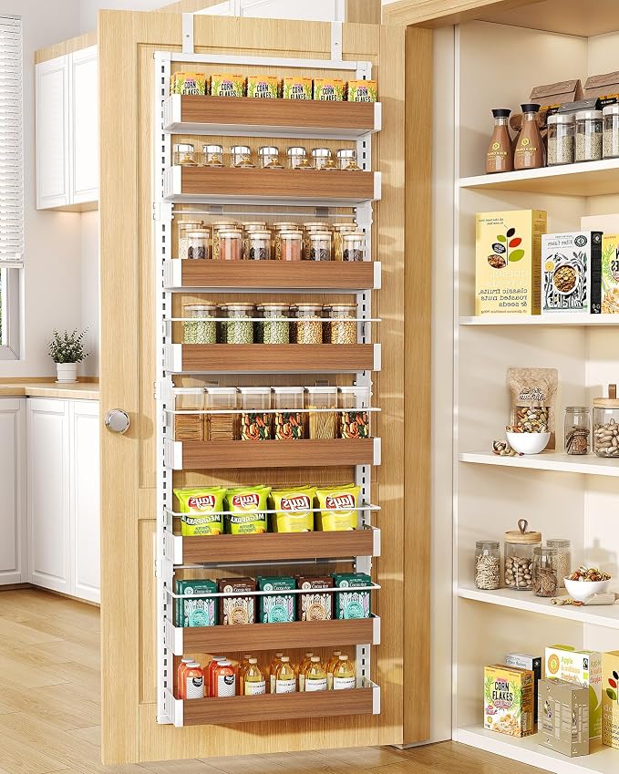 SNTD 8 Tiers Over the Door Organizer - Height Adjustable Pantry Organizers and Storage with Dense Mesh Baskets, Anti-Swing Hanging Door Spice Rack for Kitchen Bathroom (Walnut, 17" W x 6" D x 69" H)