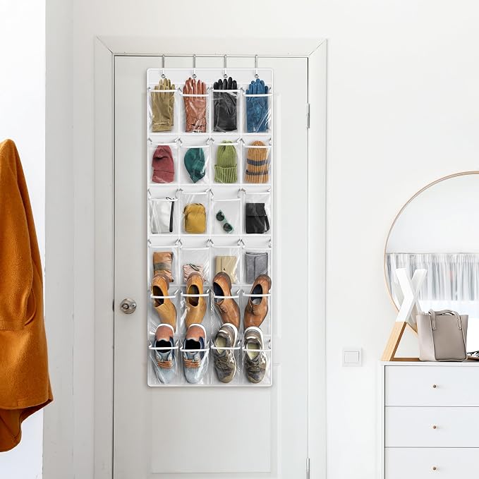 Simple Houseware 24 Pockets Large Clear Over the Door Shoe Organizer, White | 56" x 22.5", 4 Durable Metal Hooks, 5" x 9" Pocket Size, Multipurpose
