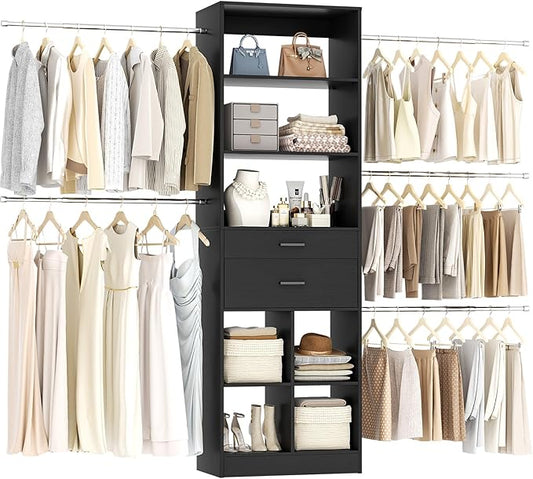 Besiost Closet System, 4-8 FT Closet Organizer Systems with 2 Wooden Drawers and 5 Hanging Rods, Can Fit 60 to 96 inch Walk-in Closet System, Black