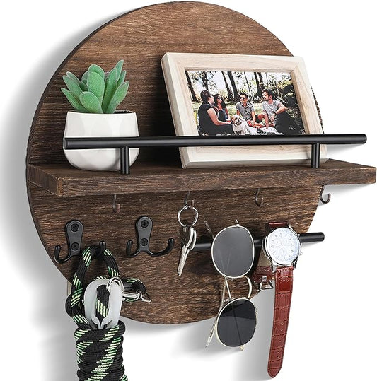 Key Holder for Wall Decorative with Shelf and Hooks, Unique Mail Organizer Wall Mount with Sunglasses Holder, Cute Circular Design Entryway Key Rack Hanger, Rustic Home Decor Boho Wall Decor