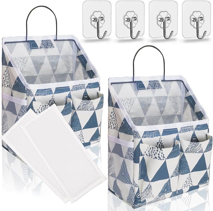 Kanrichu 2pcs Small Wall Hanging Organizer Bag, Linen Fabric Door Hanging Storage Basket with Pockets, Waterproof Bin for Kitchen, Bedroom, Office, RV Camper (Triangle)
