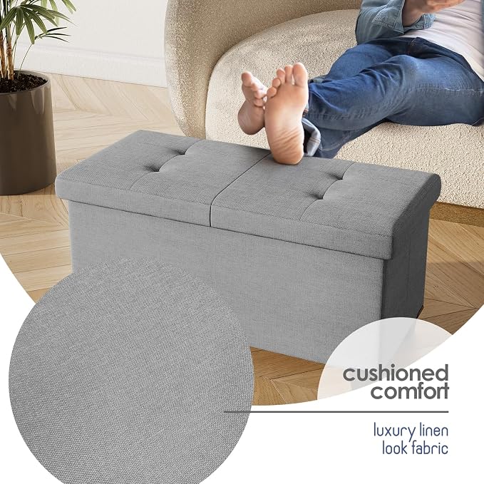 Storage Ottoman Bench with Bins, 30-in Storage Bench for Bedroom End of Bed, Folding Foot Rest Ottoman for Living Room Max 660lbs, Fabric Ottomans, Light Grey