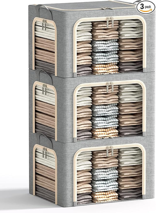 3 Opeings Large Clothes Storage Bins with Metal Frame, Foldable Storage Bin for Clothes, Clothing Storage Bins with Lid, Linen Storage Box With Clear Window＆ Zippers＆ Handles.(3 Pcs,Light Grey,66L)