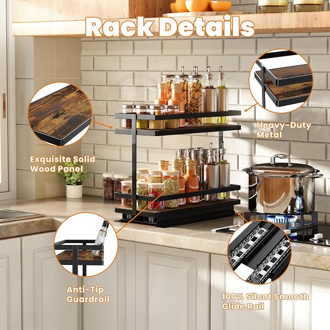 Pull Out Spice Rack 2-Tier Metal & Wood Seasoning Organizer | No-Drill Install | Full-Extension Silent Glide | Each Tier Holds 10–12 Standard Spice Bottles | Rustproof, Wipe-Clean Surface