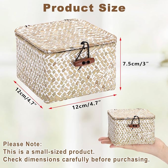 Hipiwe Small Seagrass Basket with Lid Handwoven Decorative Shelf Basket Mini Wicker Storage Box Multipurpose Desktop Organizer for Key Hair Ties, Whitewash 4.7" x 4.7" x 3"