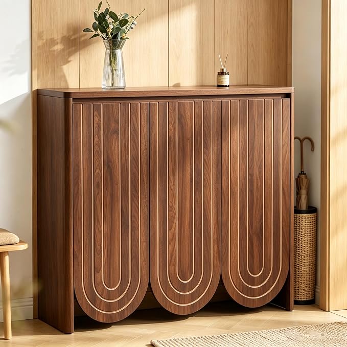 47" Large Shoe Cabinet for Entryway, Shoe Storage Cabinet with Adjustable Shelves, Mid-Century Modern Wooden Shoe Organizer with 3 Arched Doors, Extra Deep Shoe Rack for Sneakers & Boots (Walnut)